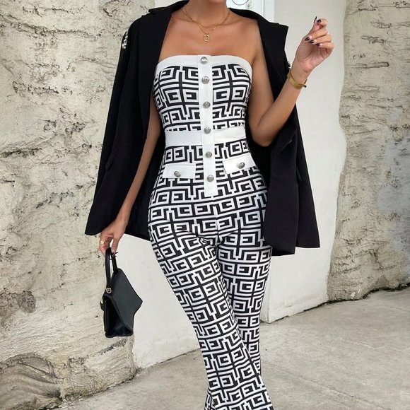 White & Black Preppy Womens Geo Print Button Front Tube Jumpsuit - Picture 4 of 6